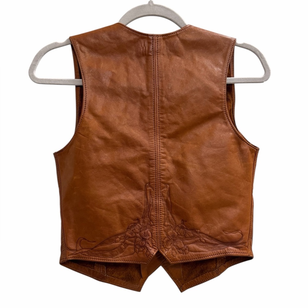 Vintage Brown Leather Embroidered Button-Front Vest - Picture 2 of 9